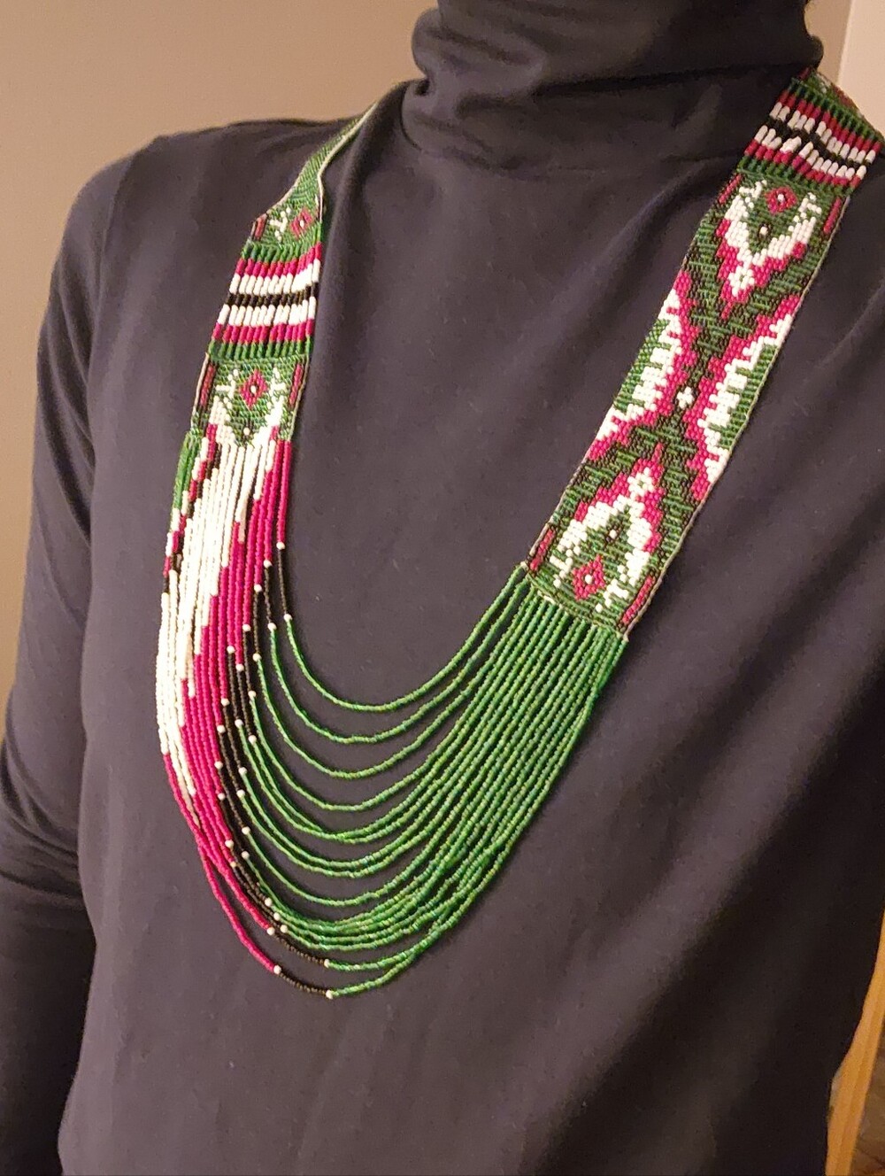 Green and Red Beaded Necklace Set - Handcrafted